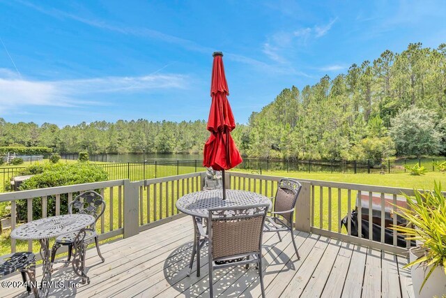 wooden deck featuring a water view and a lawn