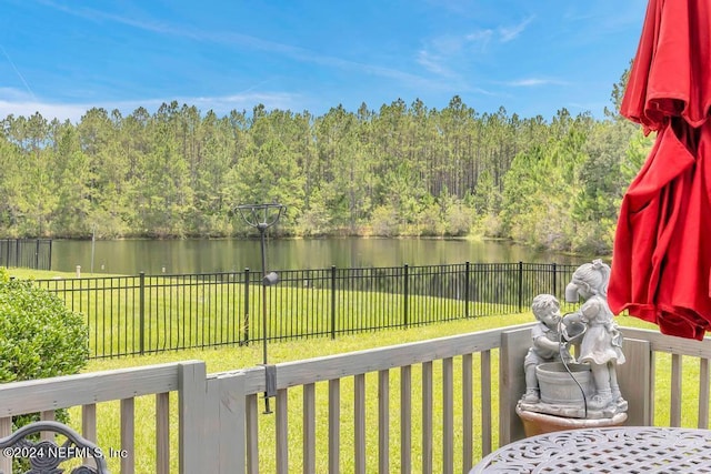 wooden deck featuring a water view and a yard