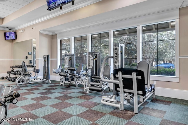 exercise room with crown molding, a wealth of natural light, and dark carpet