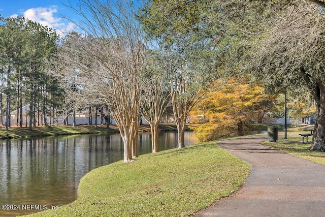 view of community with a water view and a lawn