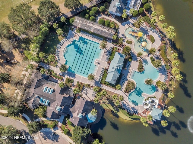 drone / aerial view with a water view