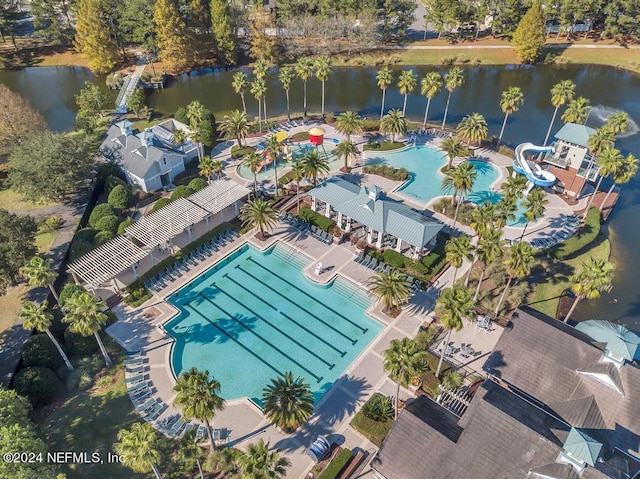 drone / aerial view featuring a water view