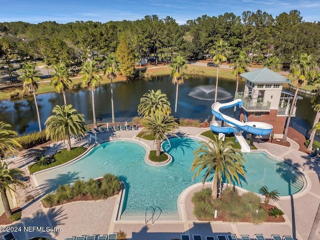 view of pool featuring a water view, a gazebo, a water slide, and a patio area