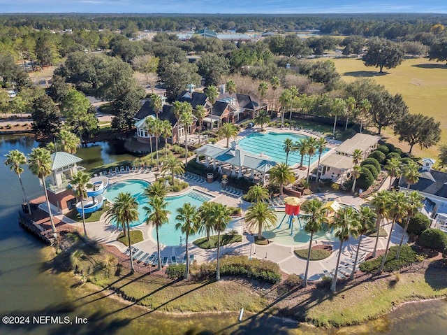 bird's eye view with a water view