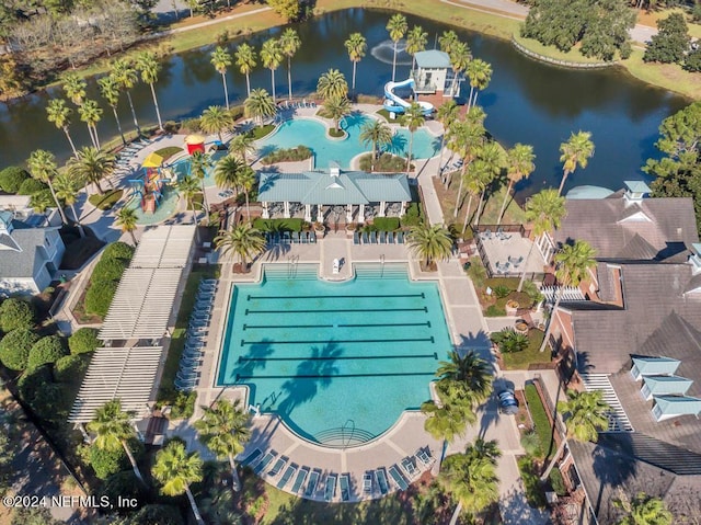 birds eye view of property featuring a water view