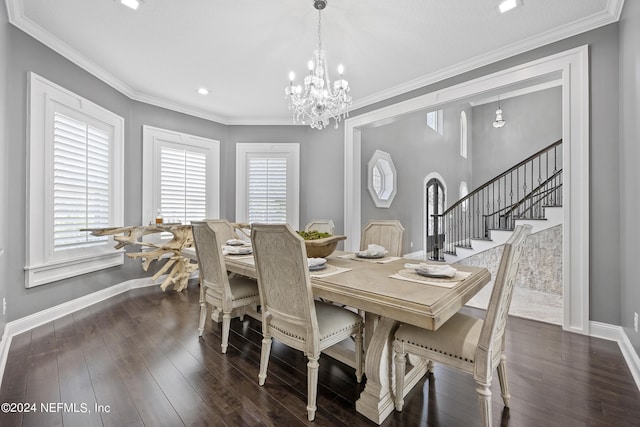 dining space featuring baseboards, stairway, ornamental molding, dark wood-style flooring, and a chandelier