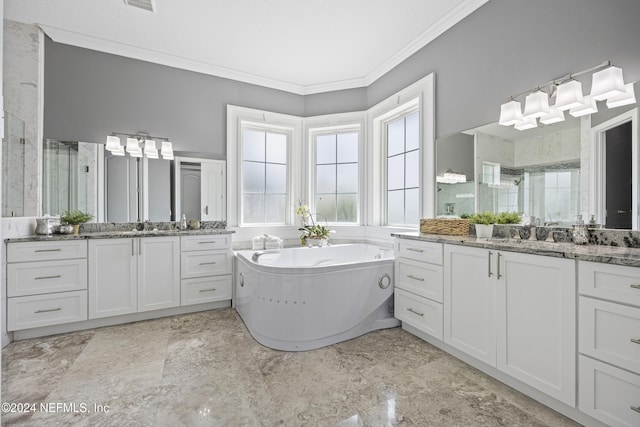 bathroom with a tub to relax in, a stall shower, two vanities, crown molding, and a sink