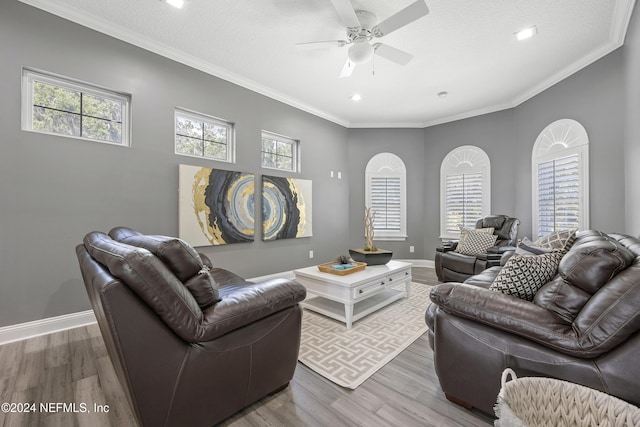 living room featuring ornamental molding, baseboards, and wood finished floors