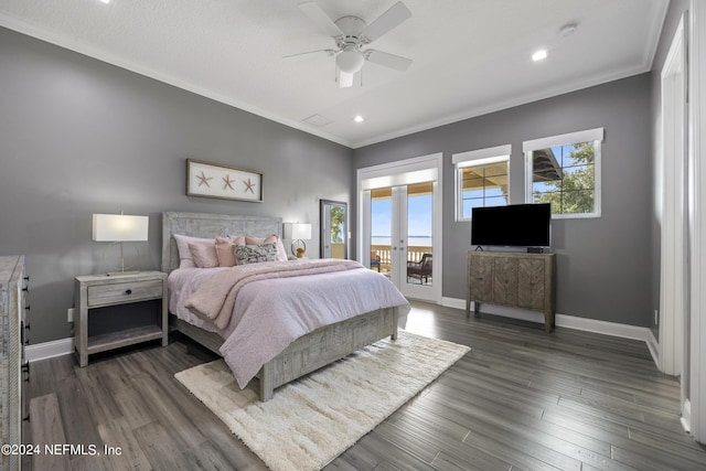 bedroom with access to outside, french doors, crown molding, and dark wood-style flooring