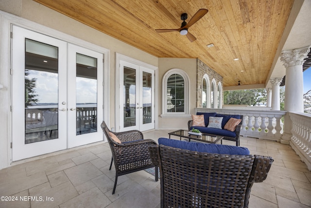 view of patio featuring an outdoor hangout area, ceiling fan, and french doors