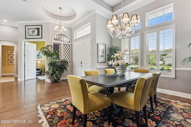 dining room with hardwood / wood-style flooring, a notable chandelier, ornamental molding, and a tray ceiling