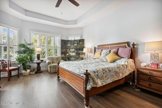 bedroom featuring a tray ceiling, ceiling fan, and hardwood / wood-style floors