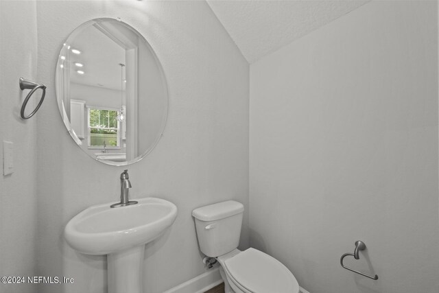 bathroom with lofted ceiling and toilet