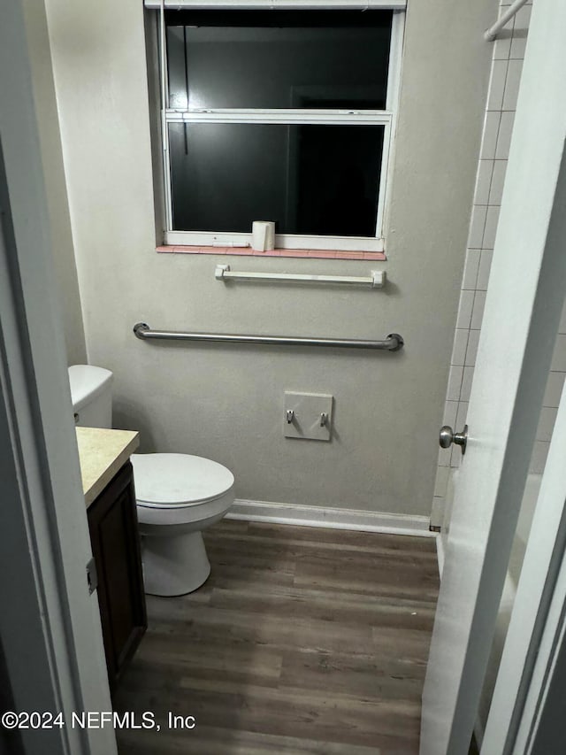 bathroom featuring hardwood / wood-style floors, vanity, and toilet