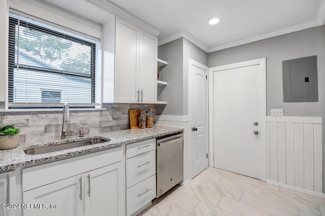 kitchen with white cabinetry, dishwasher, sink, and electric panel