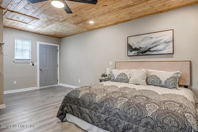 bedroom featuring wooden ceiling, hardwood / wood-style flooring, and ceiling fan