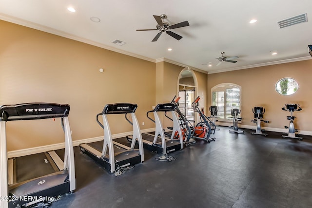 gym with ceiling fan and ornamental molding