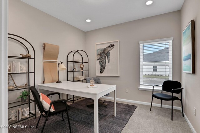 carpeted home office featuring recessed lighting and baseboards