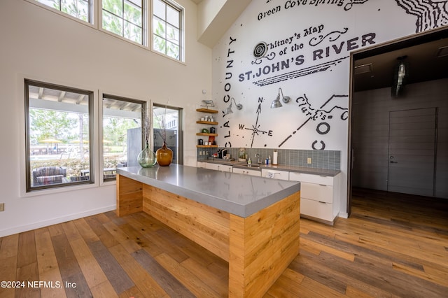 kitchen featuring hardwood / wood-style flooring, a sink, white cabinets, stainless steel counters, and open shelves