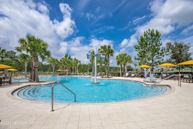 view of pool featuring a patio and pool water feature