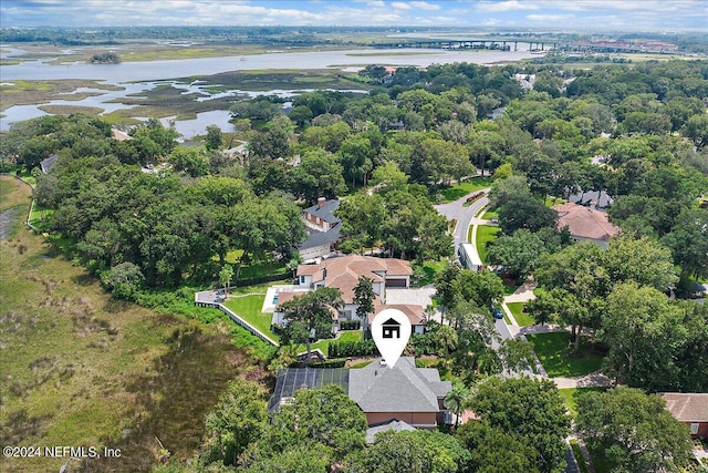 aerial view featuring a water view and a residential view