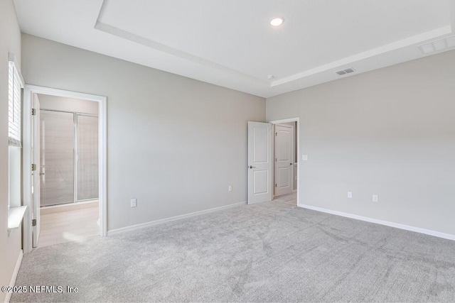 carpeted spare room featuring a raised ceiling