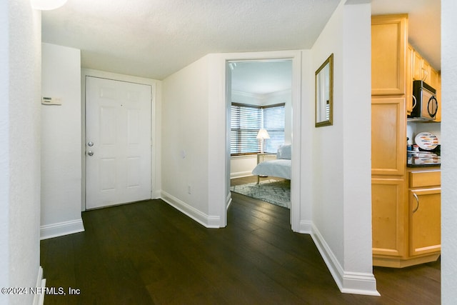 hall with a textured ceiling and dark hardwood / wood-style floors