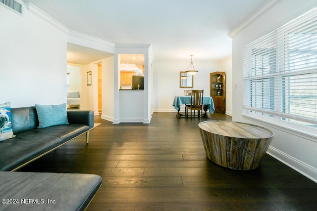 living room with dark wood-type flooring and crown molding