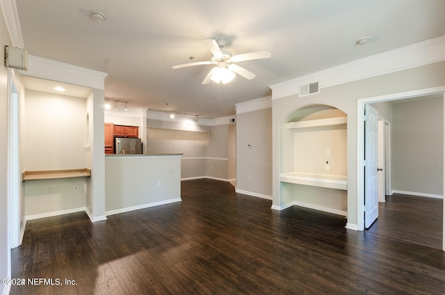 unfurnished living room featuring baseboards, crown molding, visible vents, and dark wood-type flooring