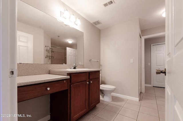 bathroom with tile patterned flooring, toilet, vanity, visible vents, and a shower stall