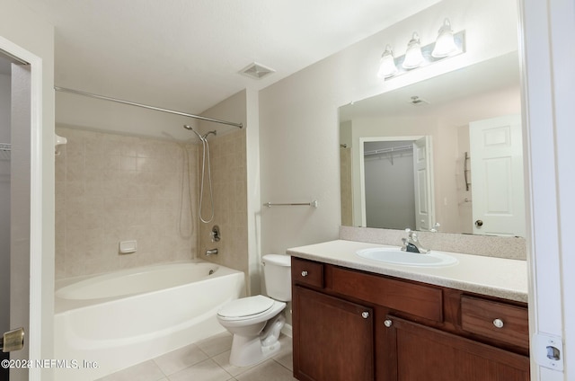 full bath with visible vents, toilet, tile patterned floors, vanity, and shower / washtub combination