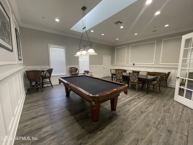 playroom featuring recessed lighting, a decorative wall, dark wood-style flooring, visible vents, and ornamental molding