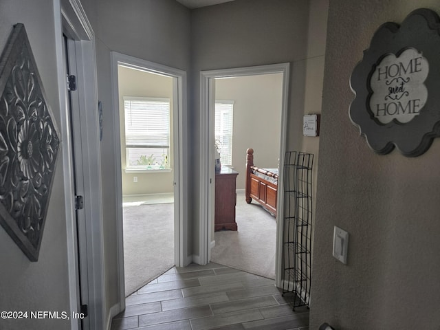 hall featuring baseboards and wood tiled floor