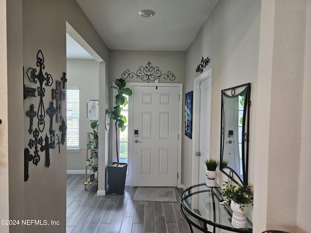 entryway with wood finish floors, a textured ceiling, and baseboards