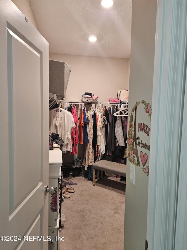 walk in closet featuring carpet flooring