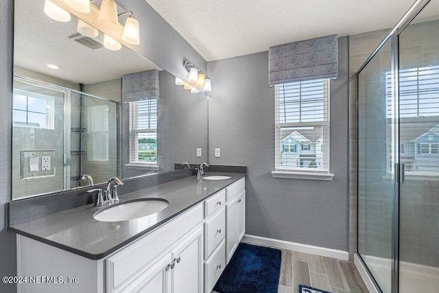 bathroom with a shower with shower door, a textured ceiling, double vanity, and a wealth of natural light