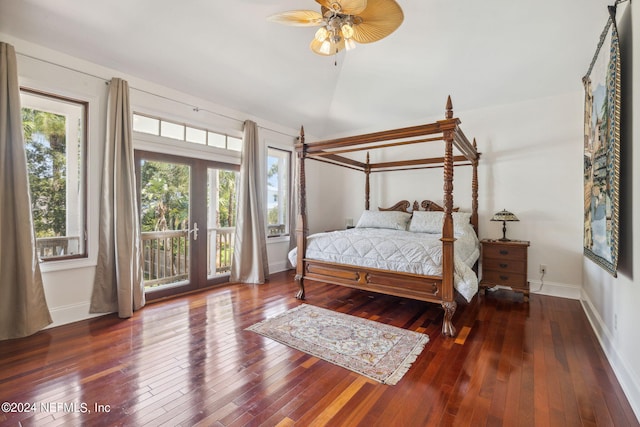 bedroom with hardwood / wood-style floors, lofted ceiling, access to outside, and ceiling fan