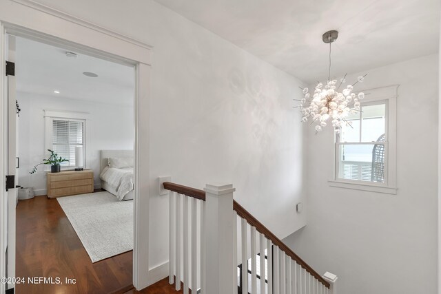 hallway with dark hardwood / wood-style flooring and a notable chandelier