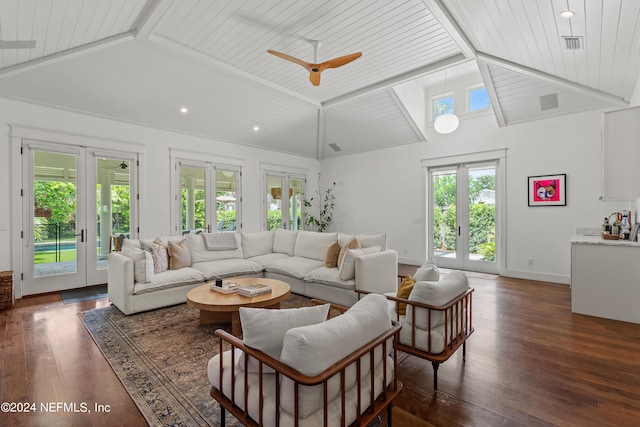 living room featuring a wealth of natural light, ceiling fan, and french doors