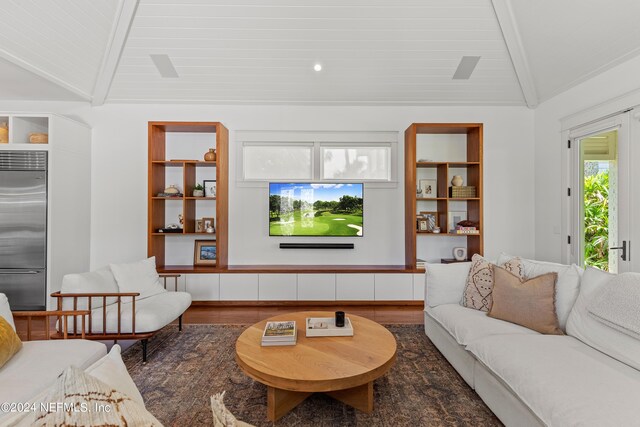 living room featuring wooden ceiling, lofted ceiling with beams, and hardwood / wood-style flooring