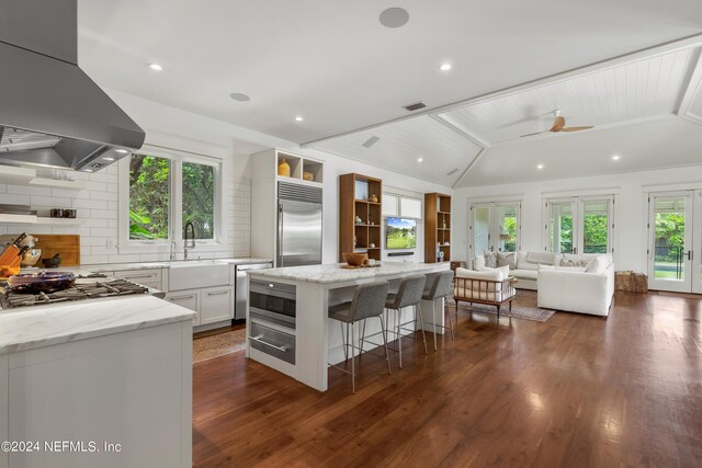 kitchen with stainless steel appliances, dark hardwood / wood-style flooring, white cabinetry, a kitchen island, and island range hood