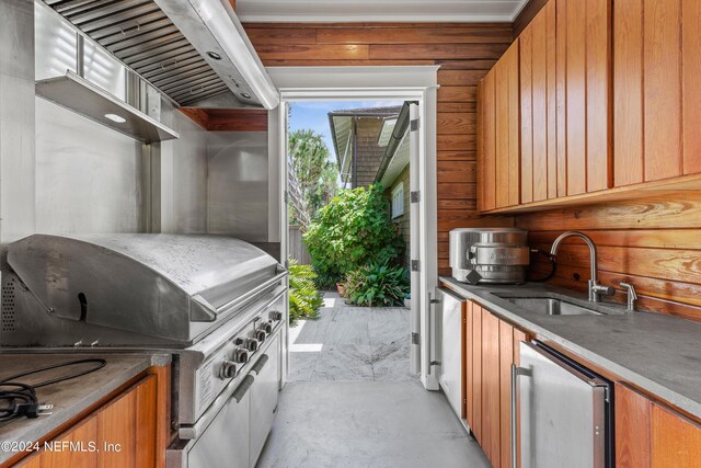 kitchen featuring sink and wooden walls