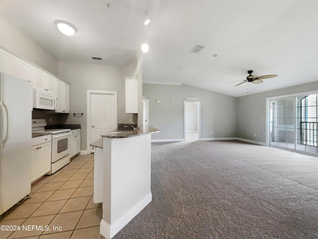 kitchen featuring white cabinets, light colored carpet, ceiling fan, kitchen peninsula, and white appliances