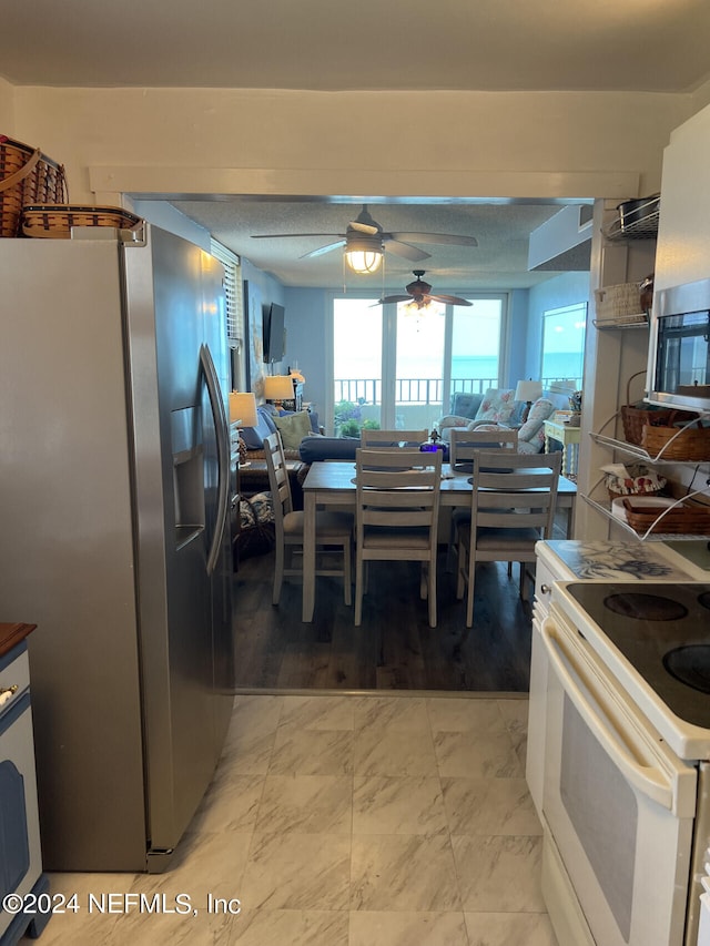 kitchen with ceiling fan, appliances with stainless steel finishes, and light hardwood / wood-style flooring