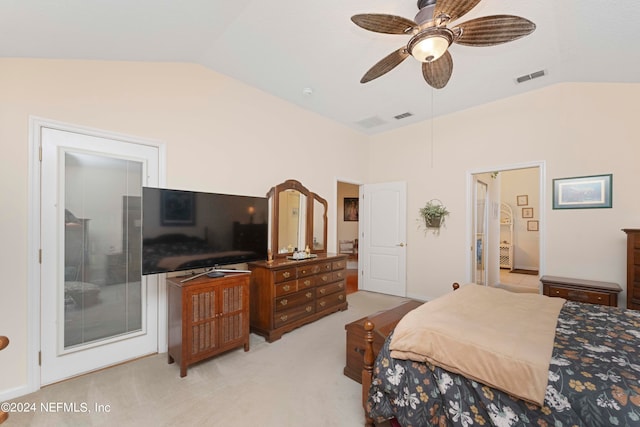 bedroom with ceiling fan, vaulted ceiling, and light carpet