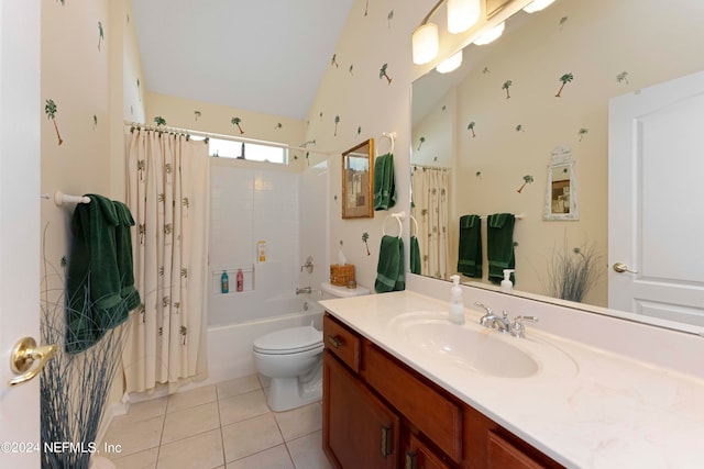 full bathroom featuring toilet, vanity, tile patterned flooring, shower / bath combination with curtain, and vaulted ceiling