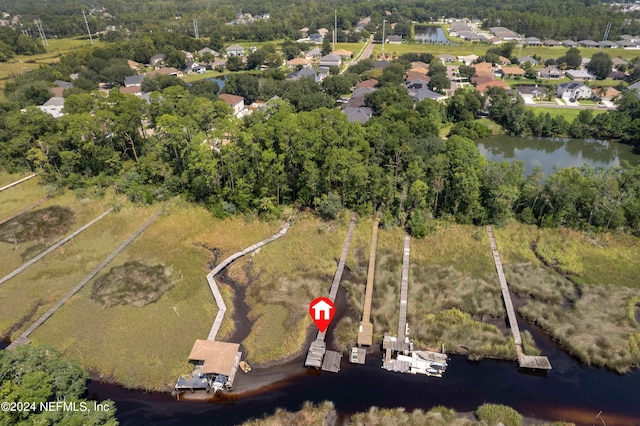 drone / aerial view with a water view