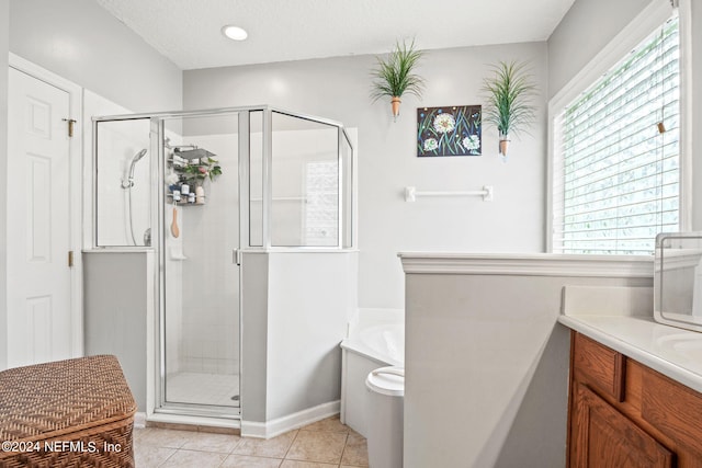 bathroom featuring vanity, a wealth of natural light, tile patterned flooring, and plus walk in shower