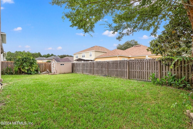 view of yard featuring a storage shed