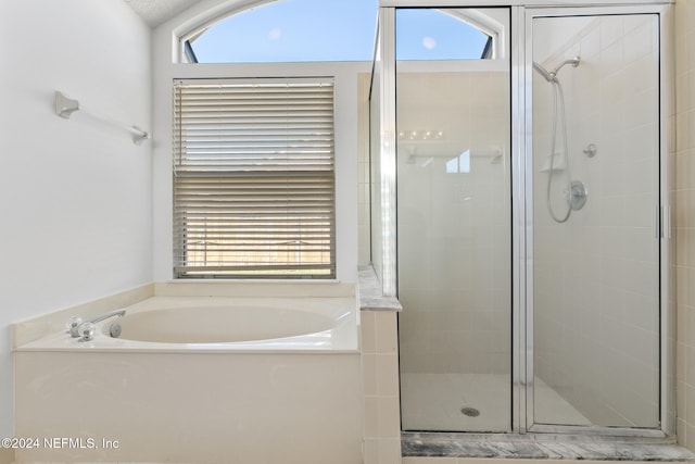 bathroom featuring a garden tub, a shower stall, and a wealth of natural light